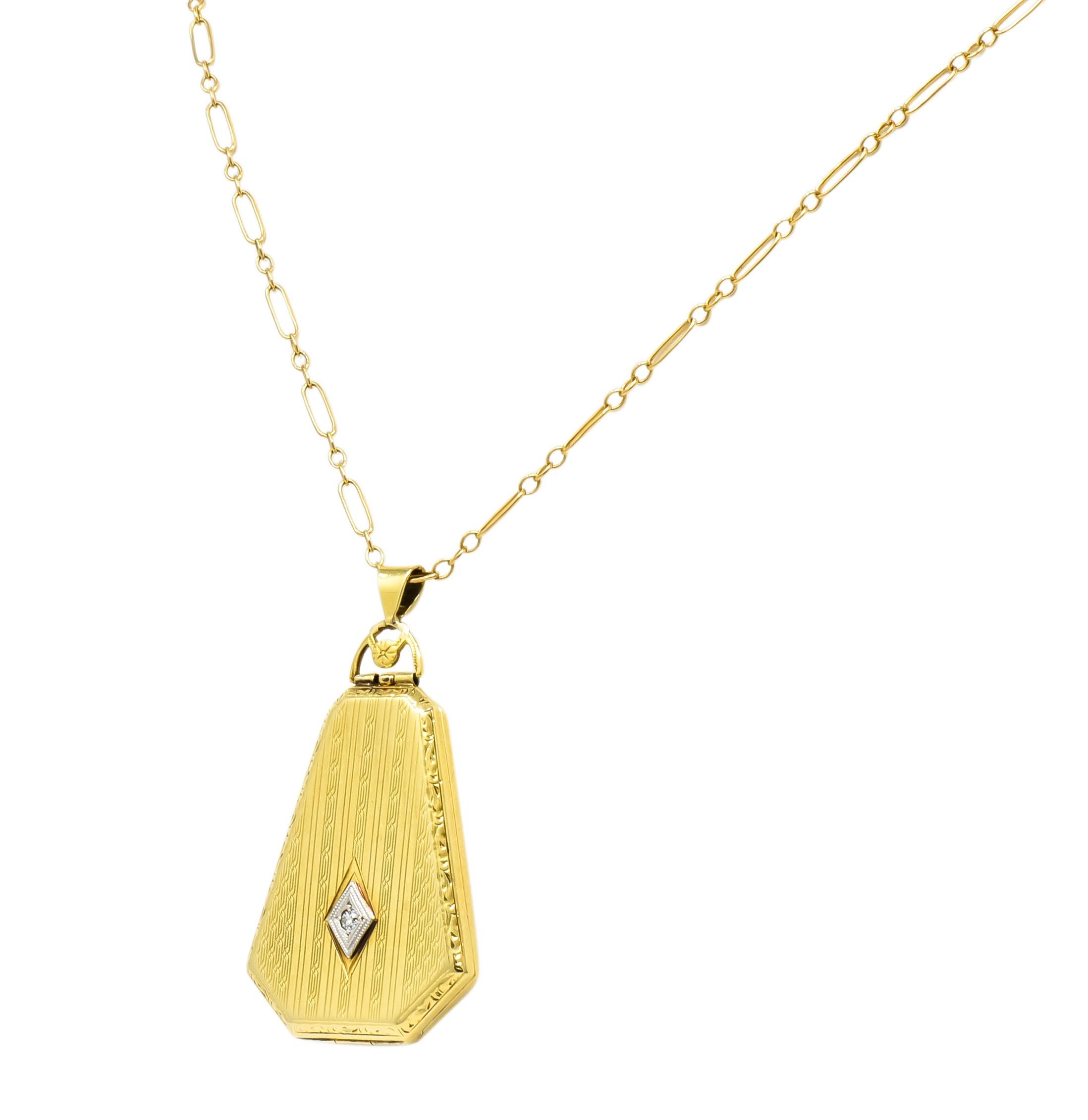 Women's or Men's 1920s Art Deco Diamond 14 Karat Gold Locket Pendant Necklace