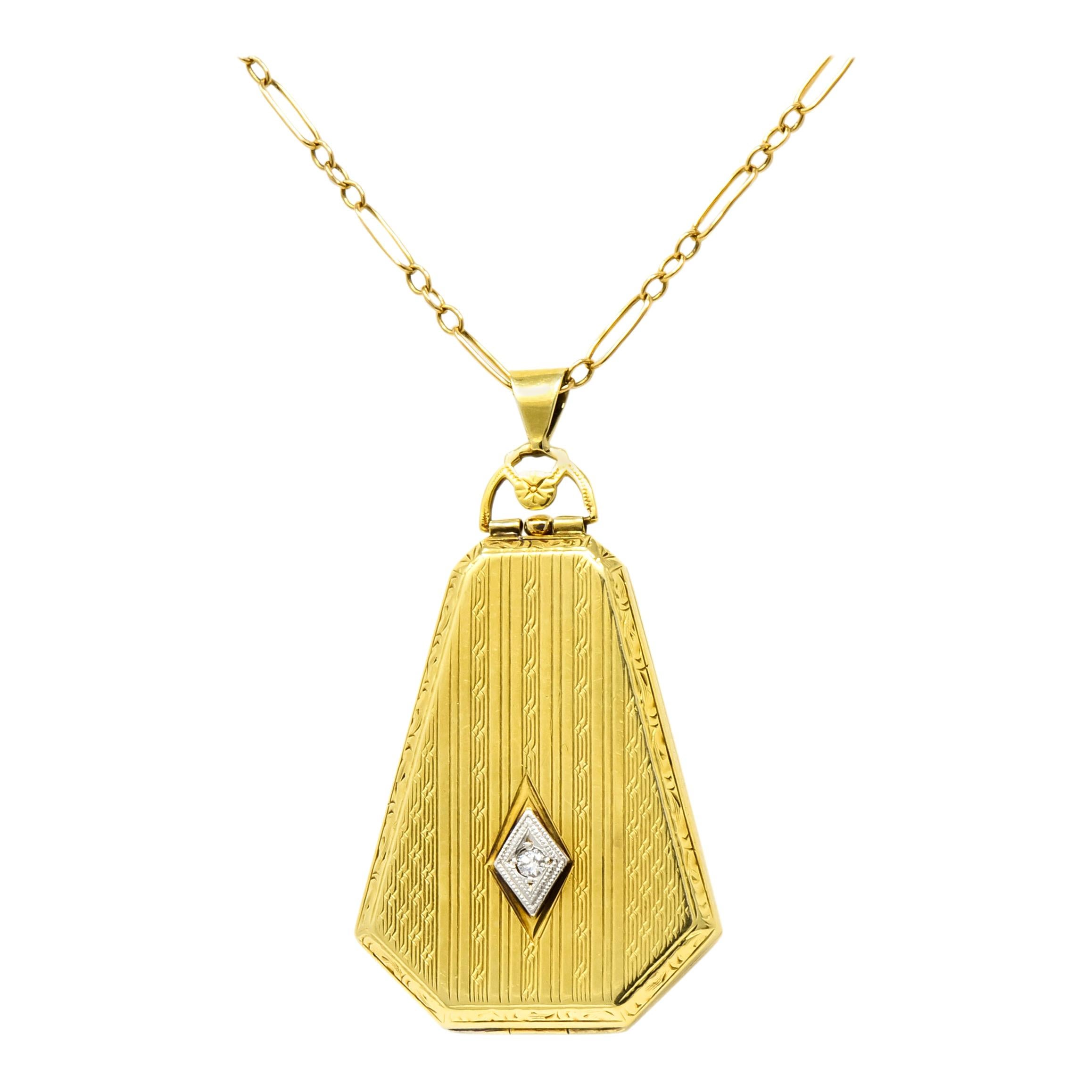 1920s Art Deco Diamond 14 Karat Gold Locket Pendant Necklace