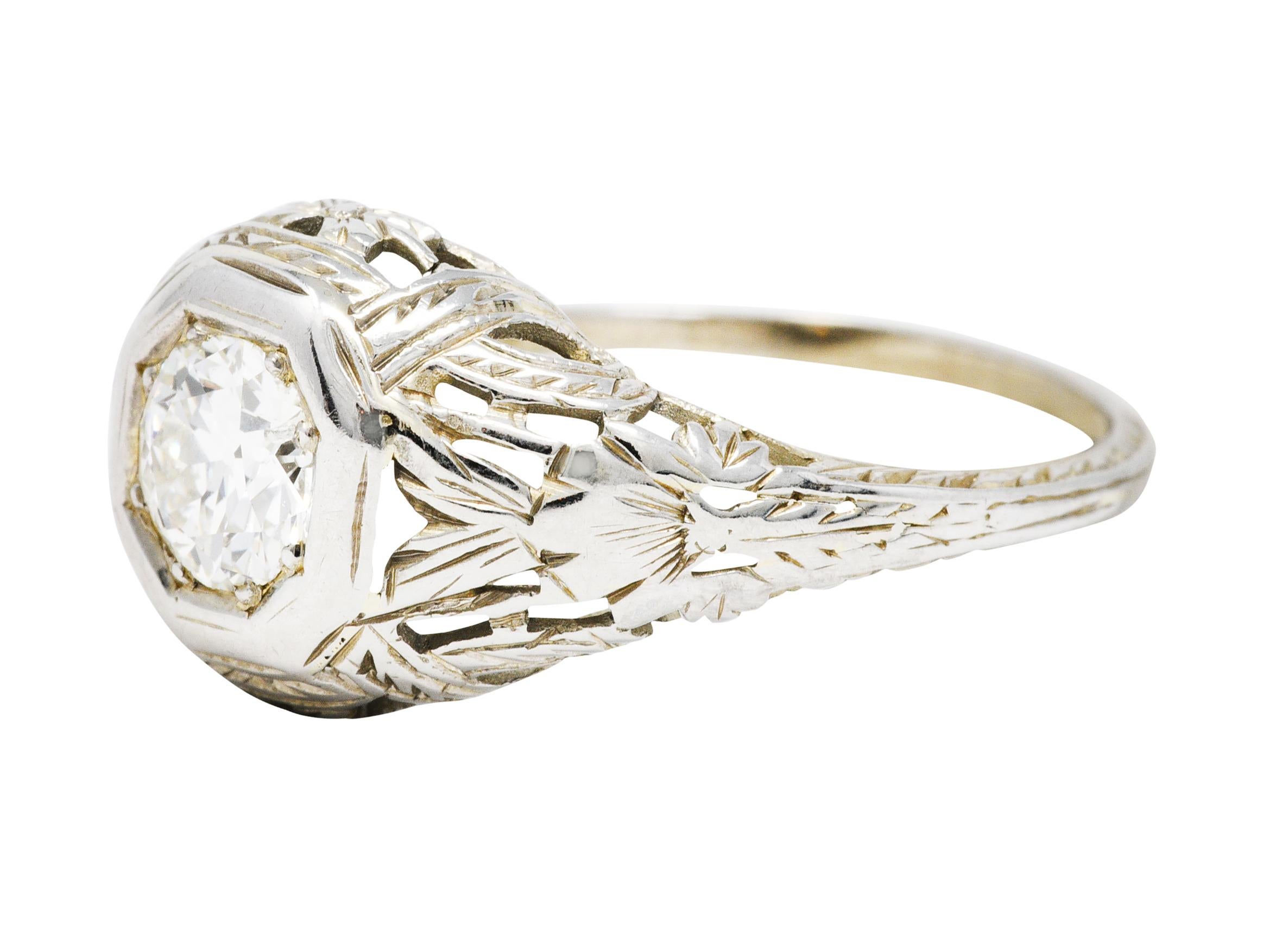 1920's Art Deco Diamond 18 Karat White Gold Blossom Engagement Ring 1