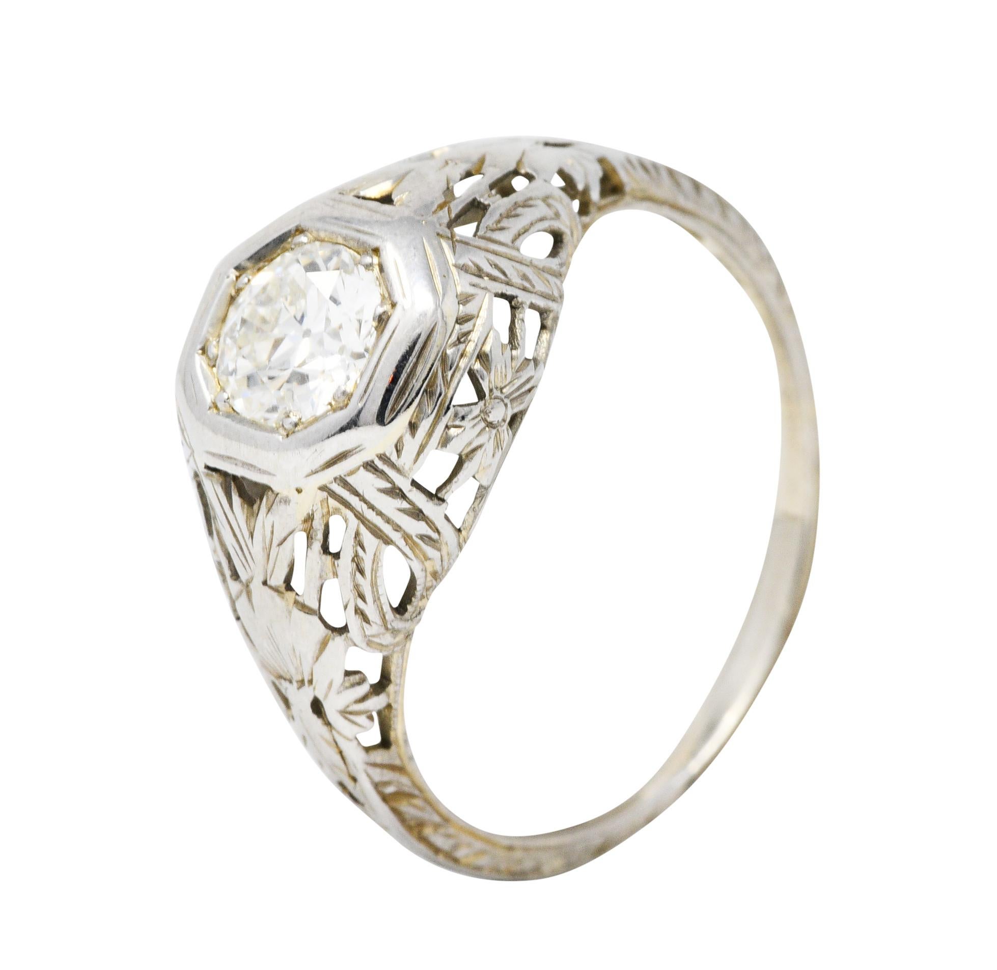 1920's Art Deco Diamond 18 Karat White Gold Blossom Engagement Ring 4