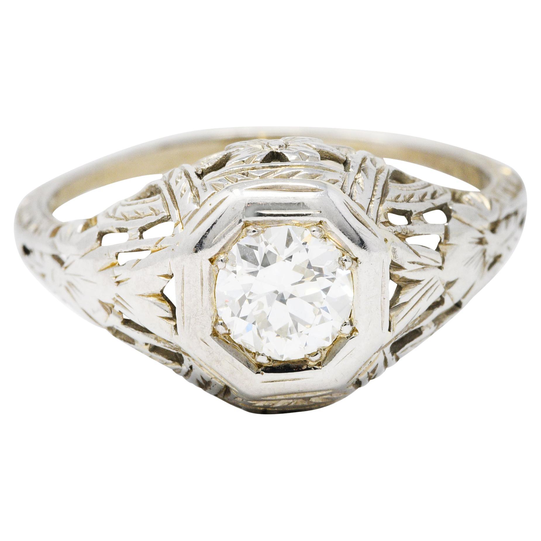 1920's Art Deco Diamond 18 Karat White Gold Blossom Engagement Ring