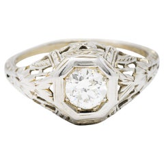 Antique 1920's Art Deco Diamond 18 Karat White Gold Blossom Engagement Ring