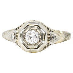 Antique 1920's Art Deco Diamond 18 Karat White Gold Heart Engagement Ring