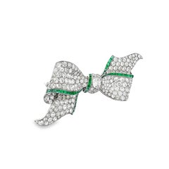 1920’s Art Deco Diamond and Emerald Bow Brooch in Platinum, 17ctw
