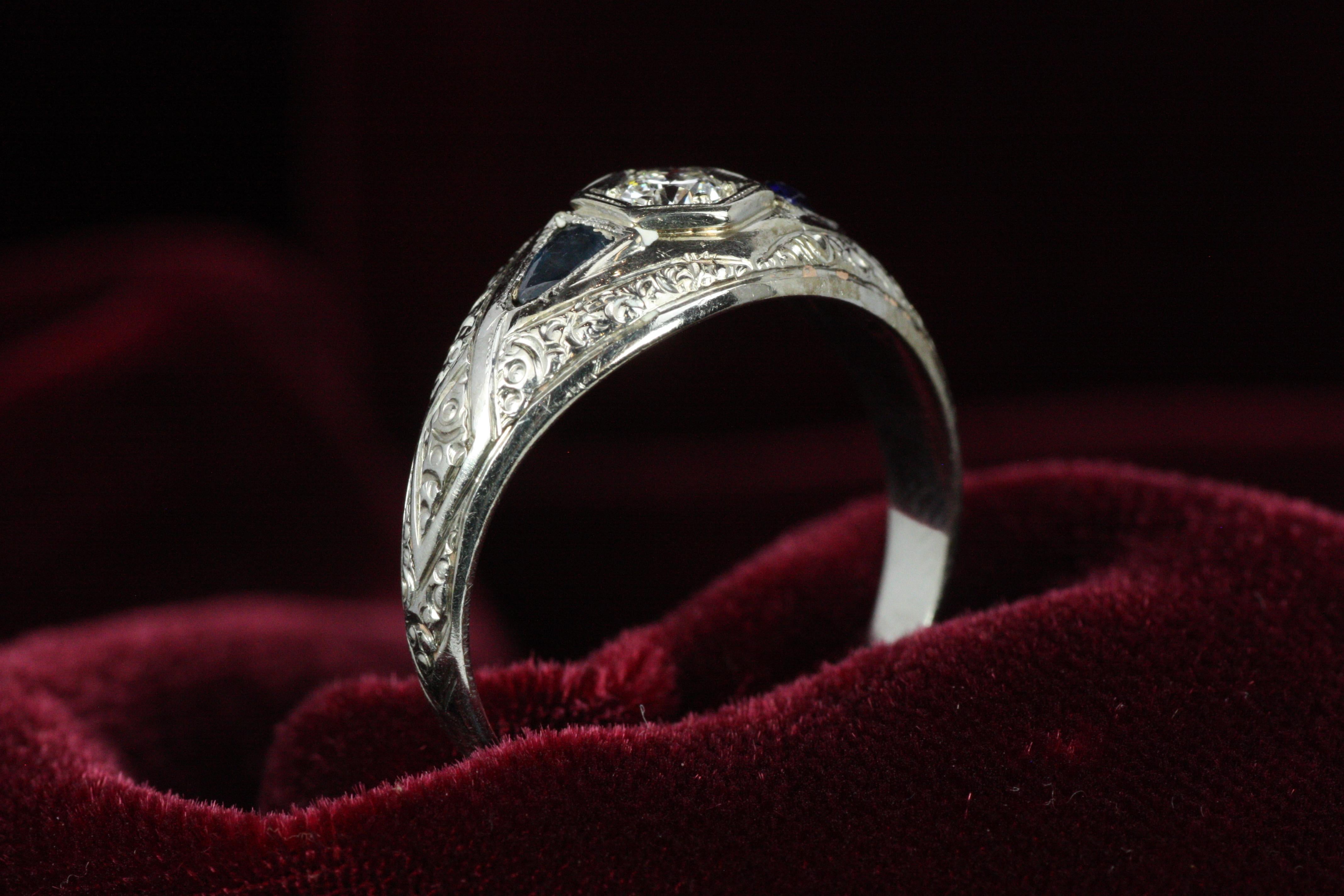 Round Cut 1920s Art Deco Diamond and Triangular Blue Sapphire Dome Band Ring in White Gold For Sale