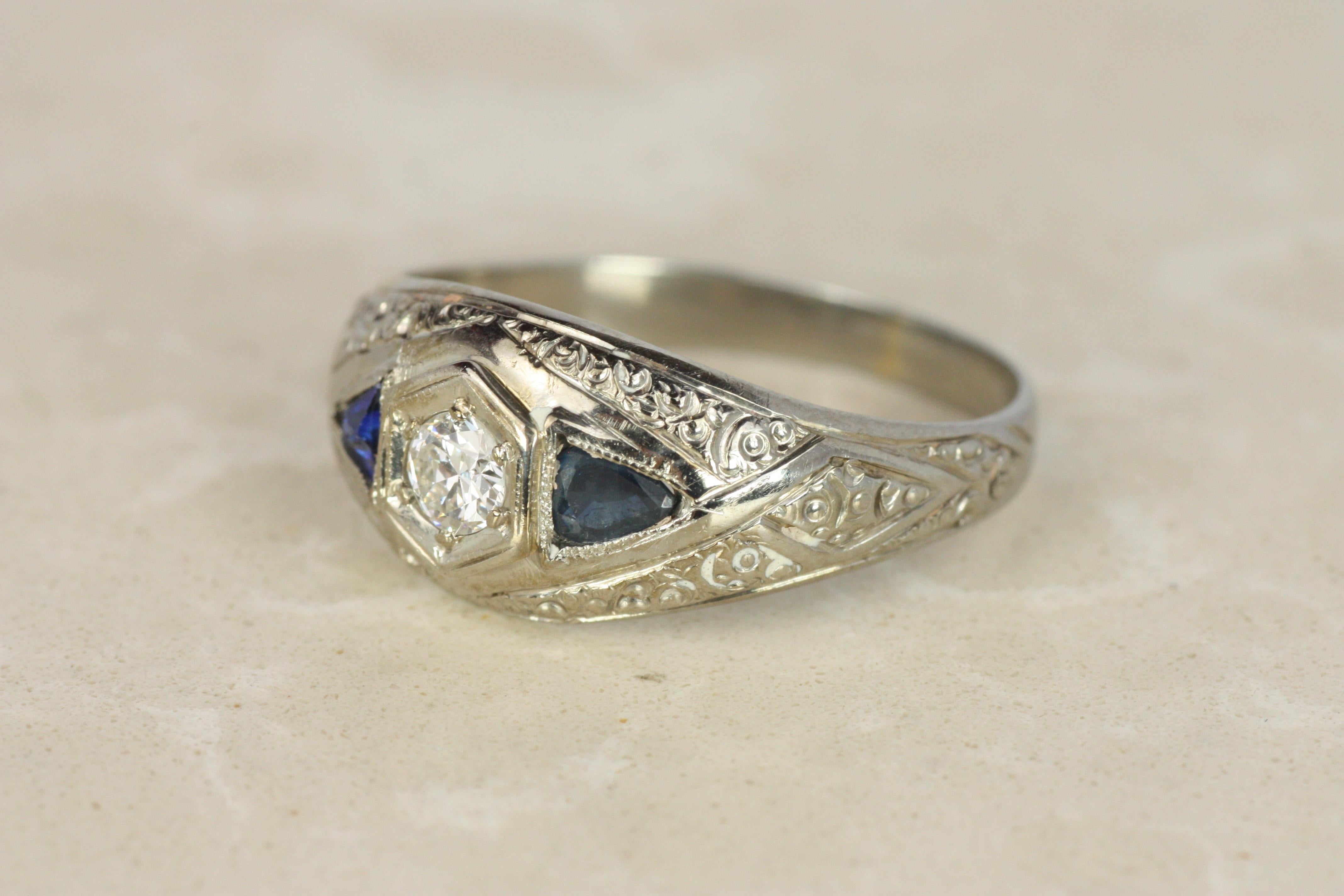 1920s Art Deco Diamond and Triangular Blue Sapphire Dome Band Ring in White Gold In Fair Condition For Sale In Santa Monica, CA
