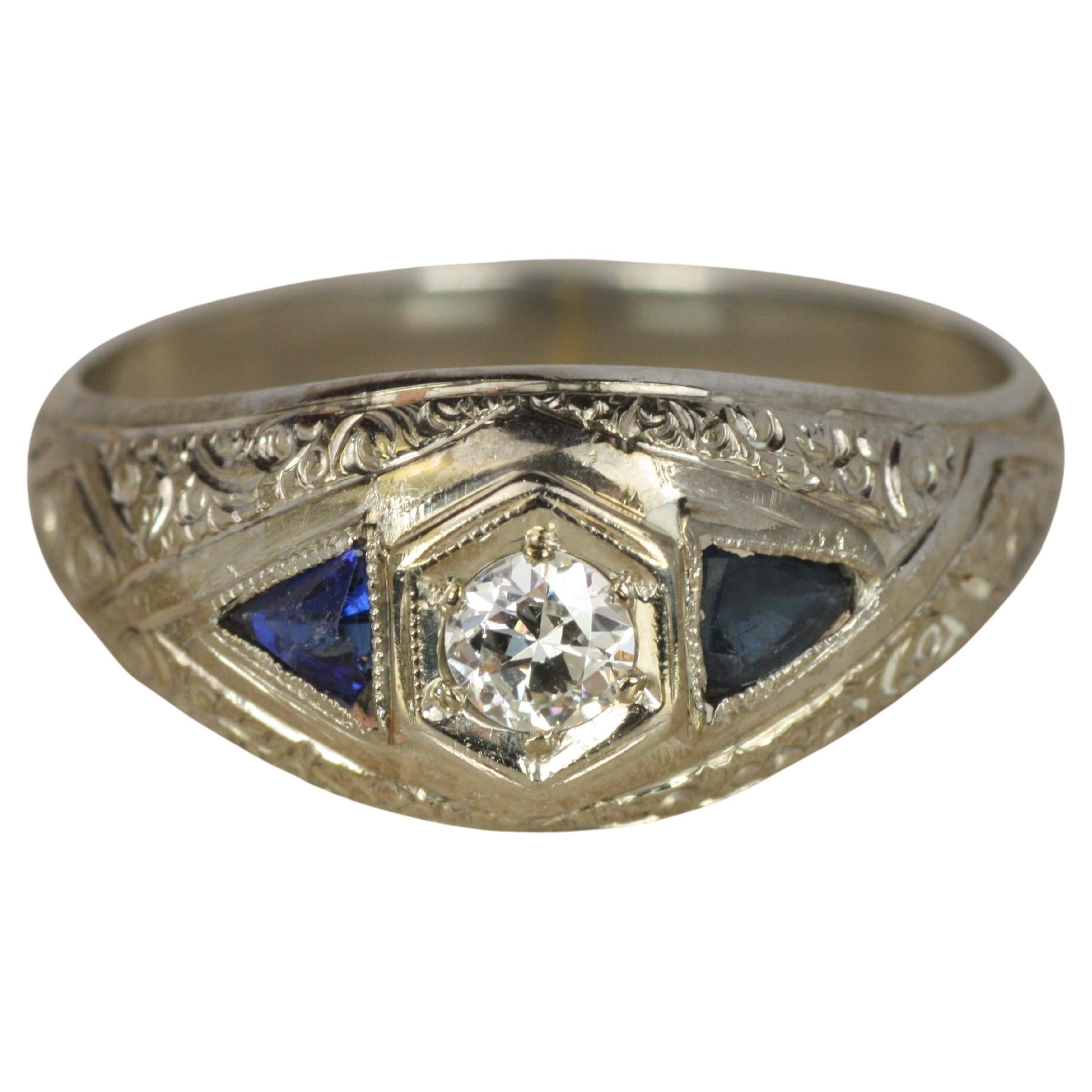 1920s Art Deco Diamond and Triangular Blue Sapphire Dome Band Ring in White Gold For Sale