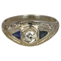 Antique 1920s Art Deco Diamond and Triangular Blue Sapphire Dome Band Ring in White Gold