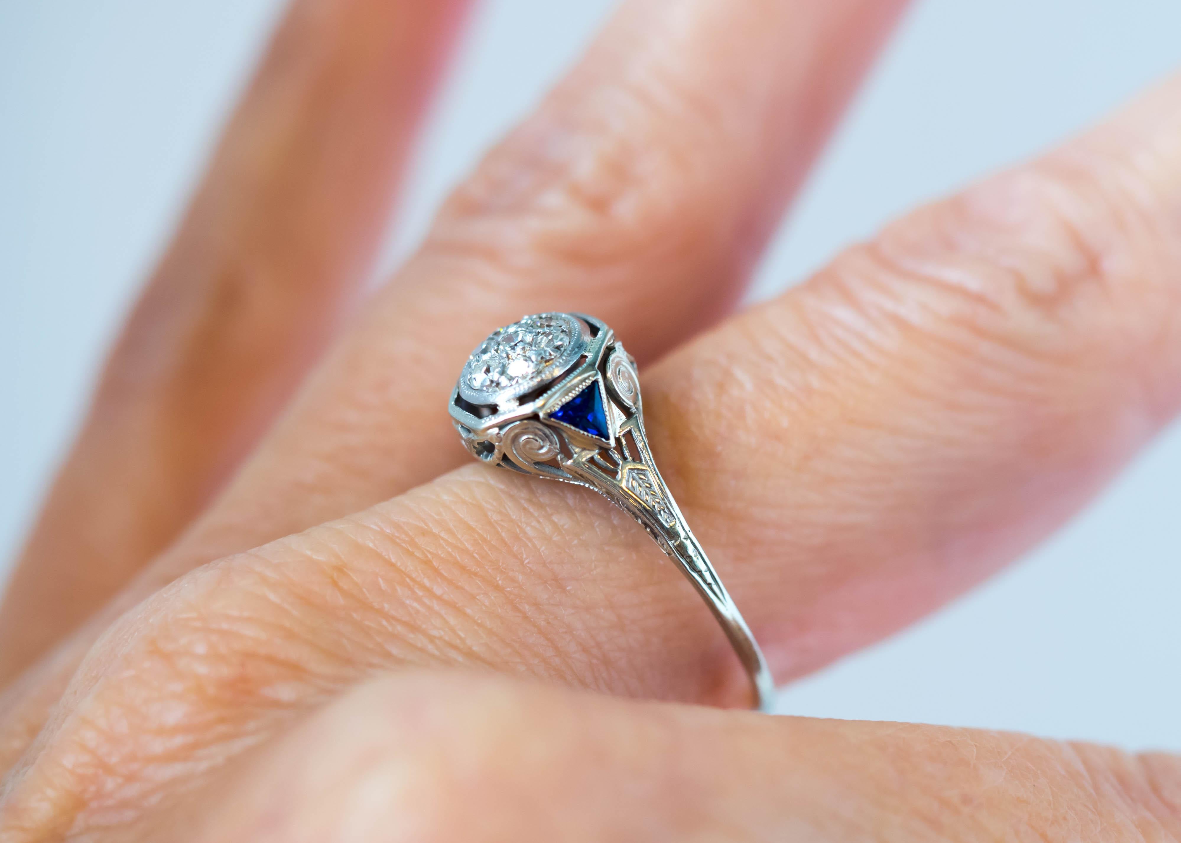 1920s Art Deco Diamond, Blue Sapphire and 18 Karat White Gold Filigree Ring 7