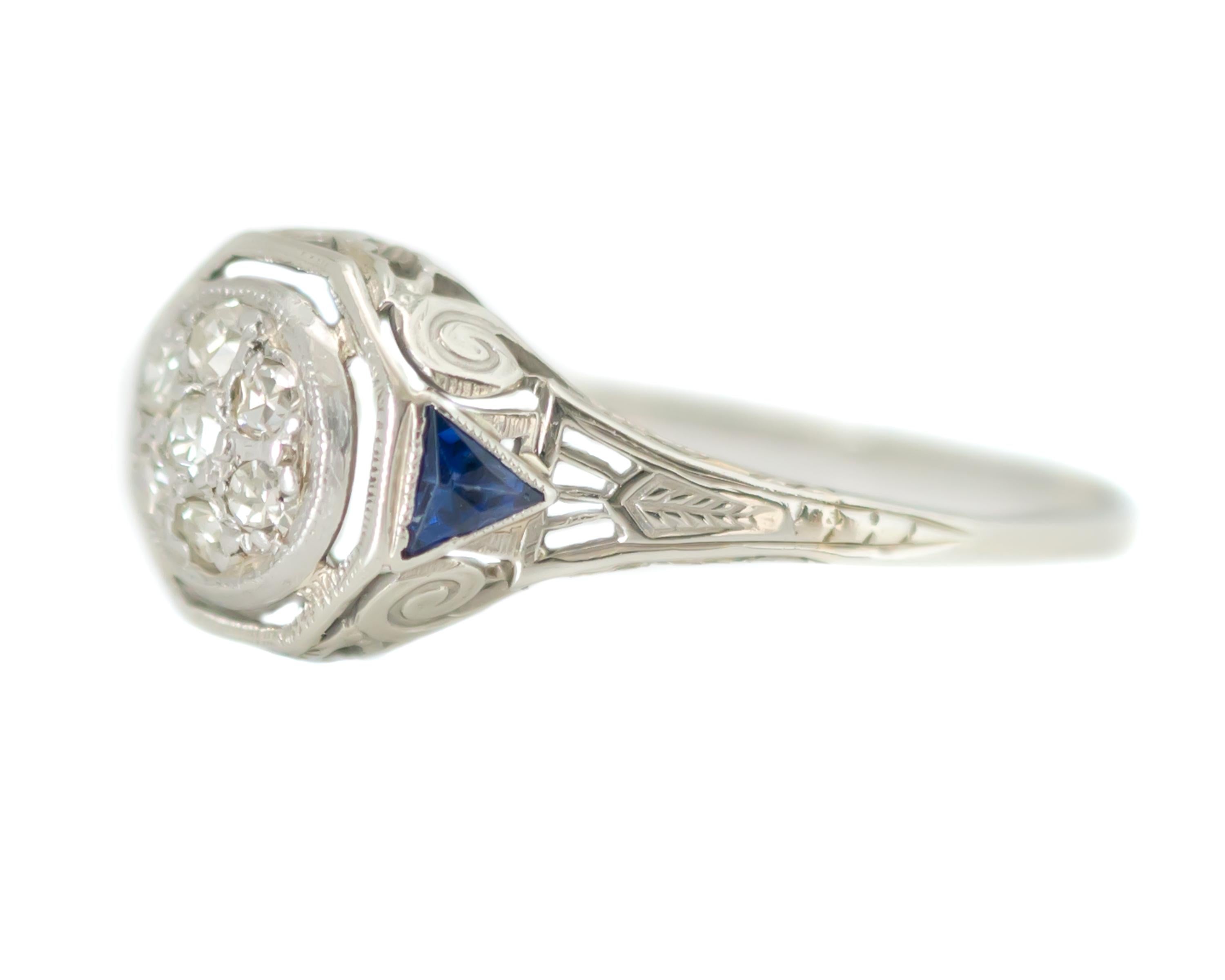 1920s Art Deco Diamond, Blue Sapphire and 18 Karat White Gold Filigree Ring 2