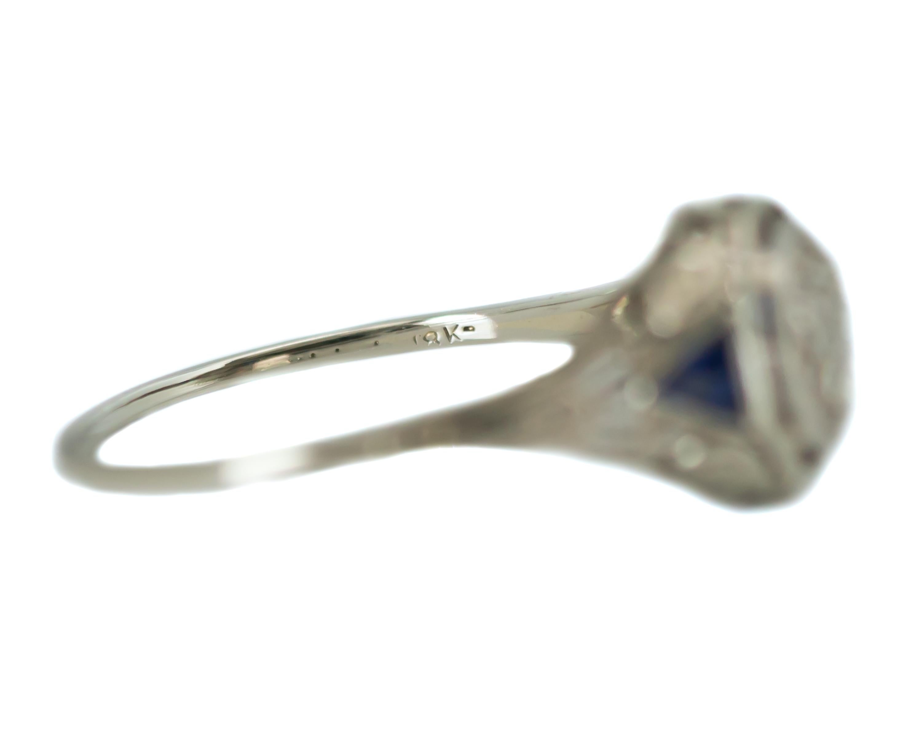 1920s Art Deco Diamond, Blue Sapphire and 18 Karat White Gold Filigree Ring 4
