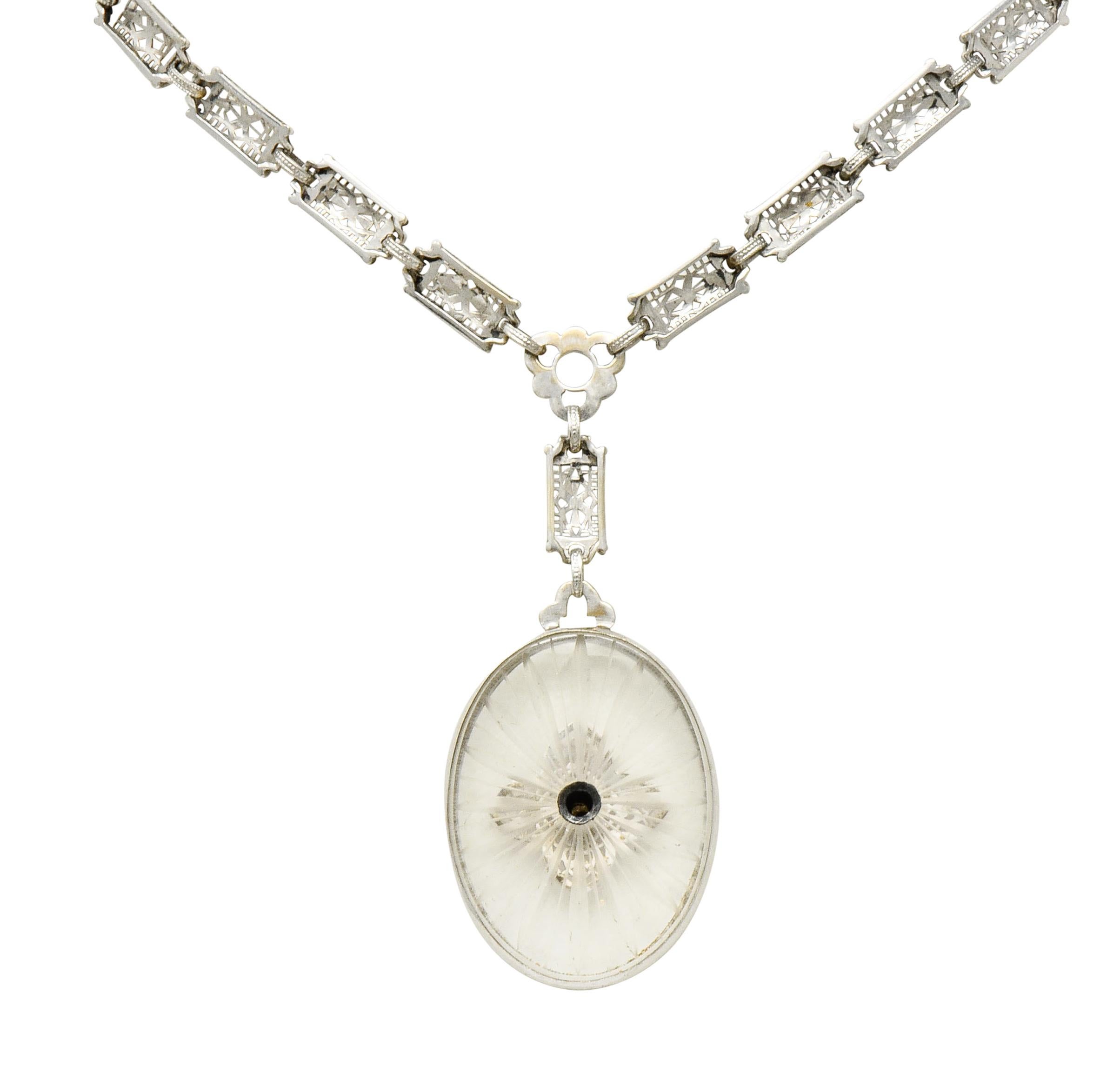Brilliant Cut 1920s Art Deco Diamond Camphor Glass Platinum Oval Drop Necklace
