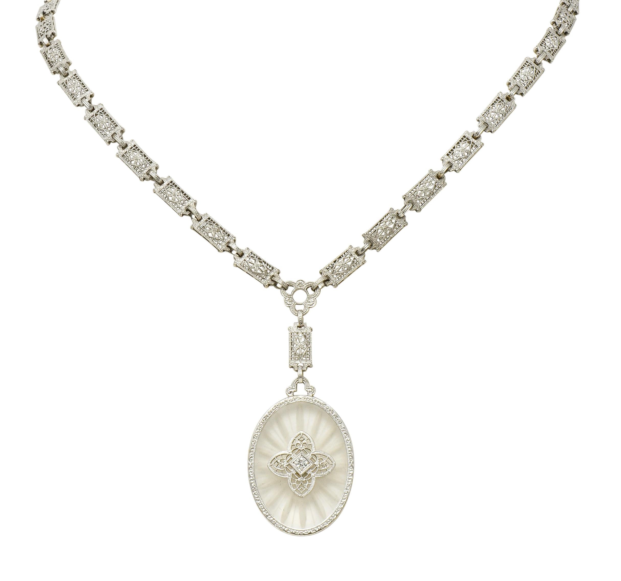 Women's or Men's 1920s Art Deco Diamond Camphor Glass Platinum Oval Drop Necklace