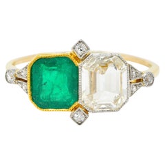 1920
s Art Deco Diamond Emerald Platinum-Topped 18 Karat Gold Double Ring