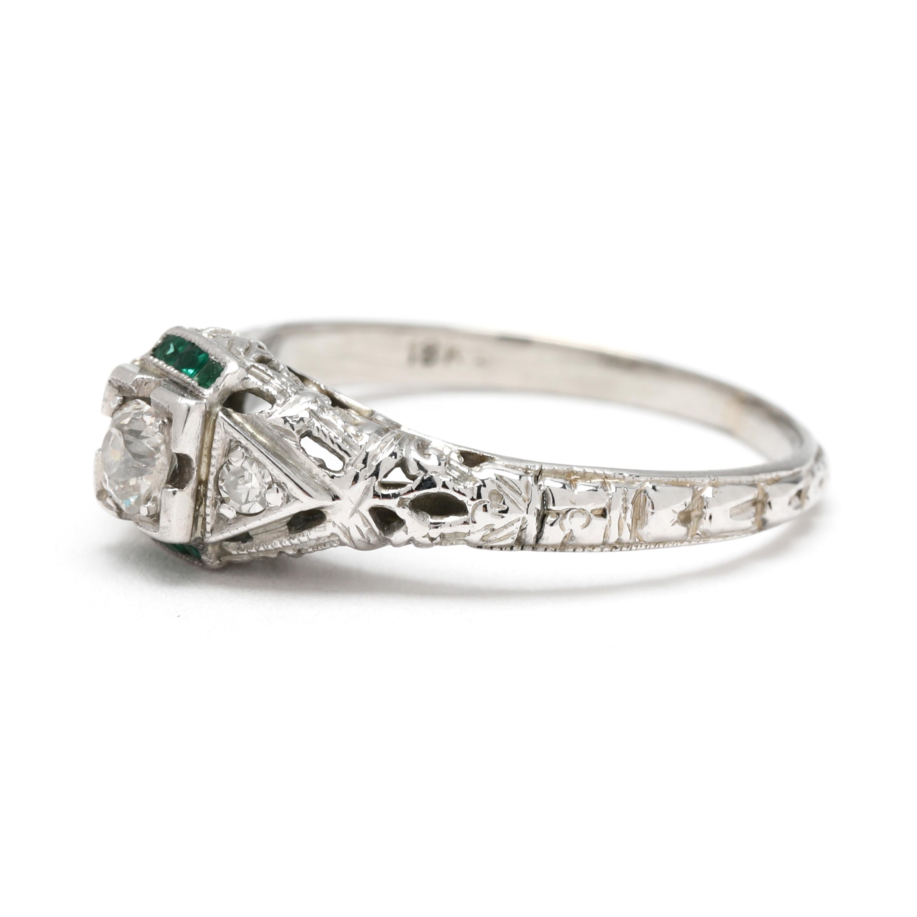 Anillo de compromiso Art Decó con filigrana de diamantes de los años 20, oro blanco de 18 quilates, talla 5,5 en Bueno estado para la venta en McLeansville, NC