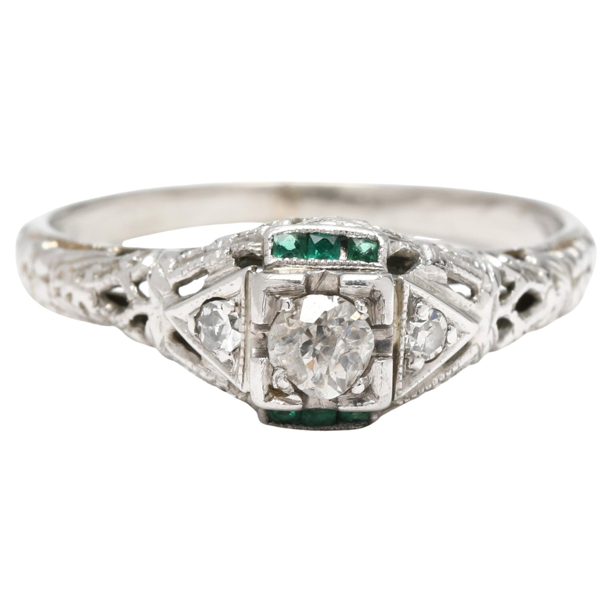 1920's Art Deco Diamond Filigree Engagement Ring, 18k White Gold, Ring Size 5.5