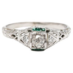 1920's Art Deco Diamond Filigree Engagement Ring, 18k White Gold, Ring Size 5.5