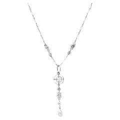 1920's Art Deco Diamond Pearl Platinum Pendant Necklace