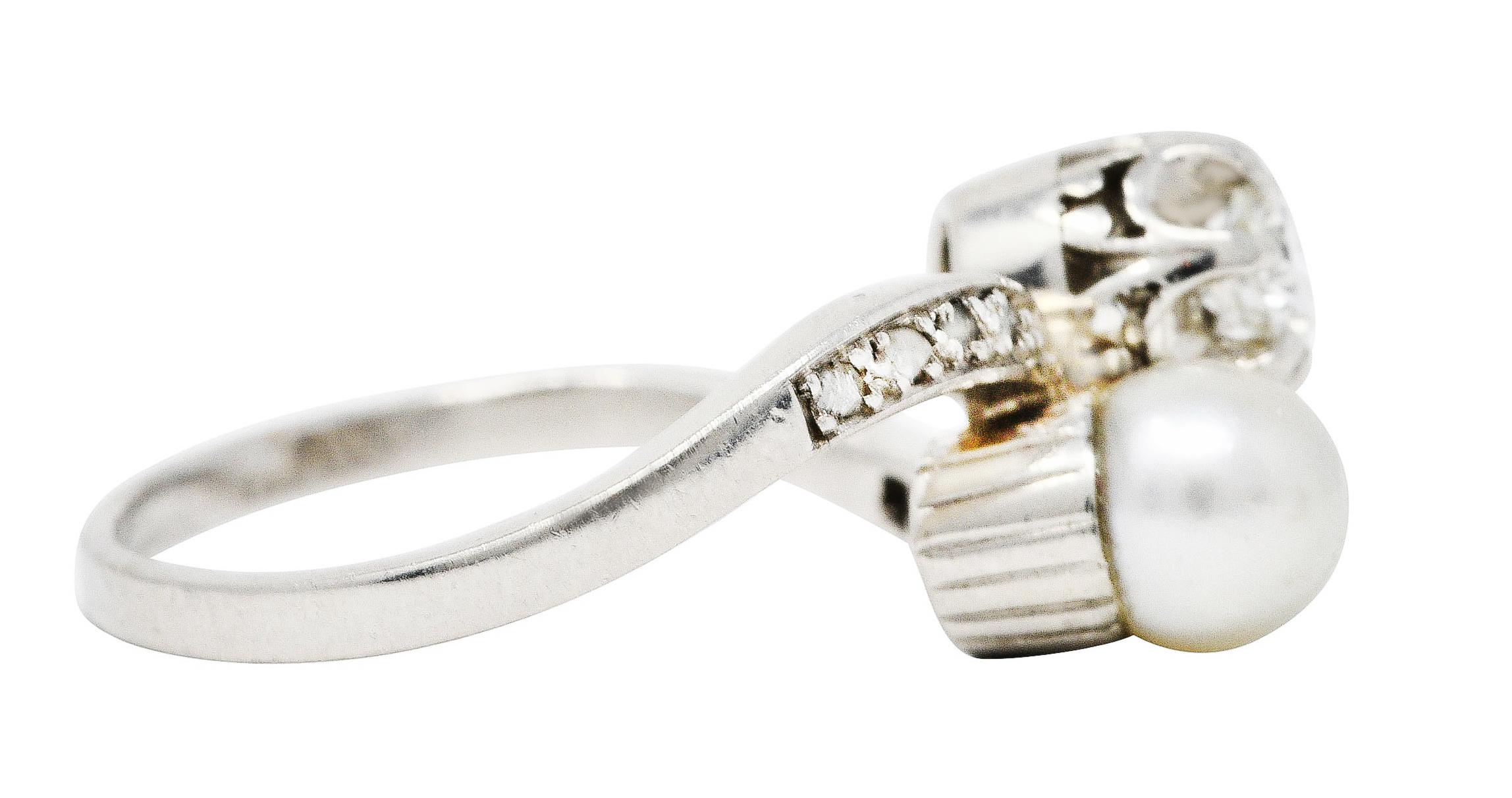 Brilliant Cut 1920's Art Deco Diamond Pearl Platinum Toi Et Moi Bypass Ring