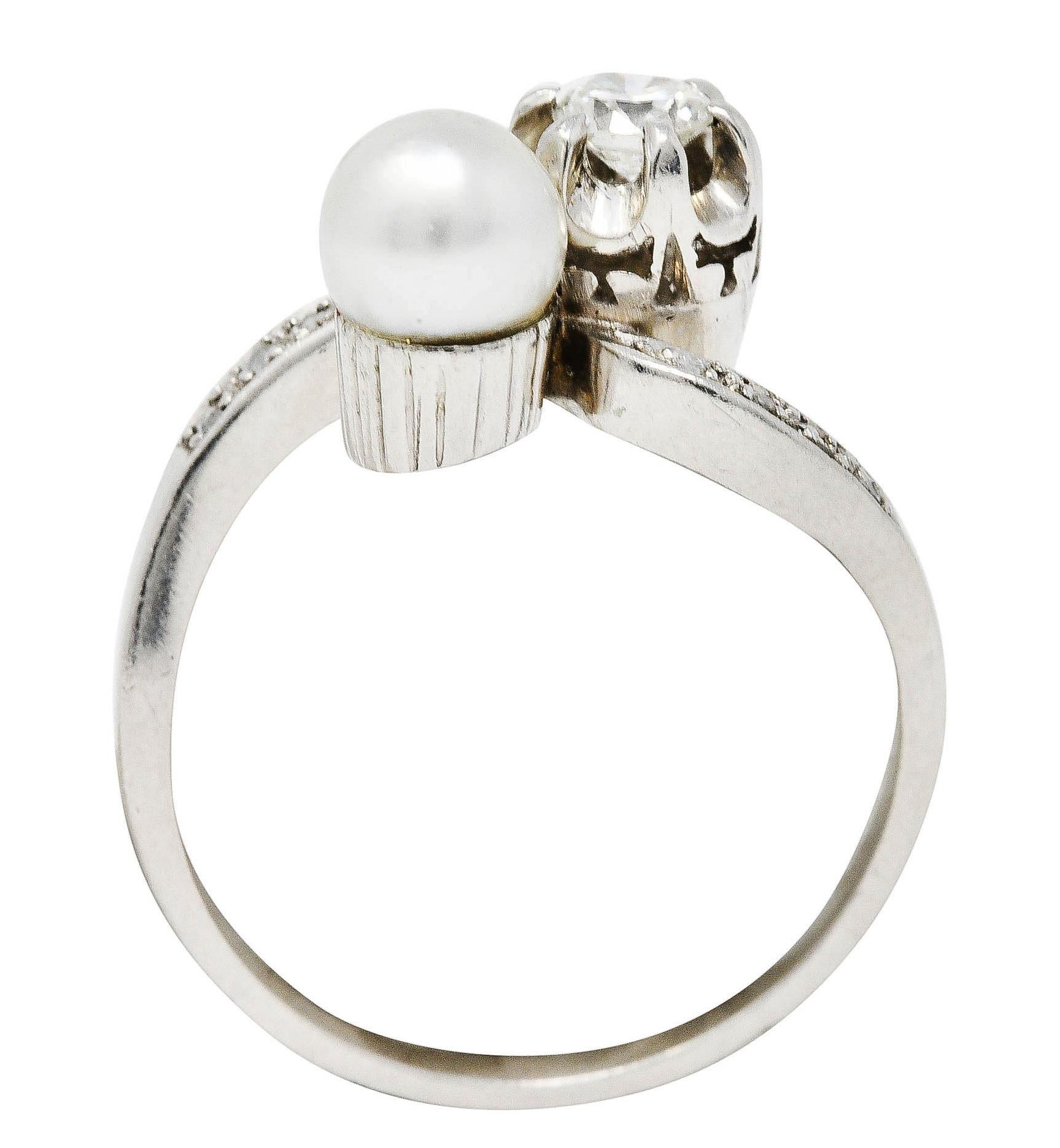 1920's Art Deco Diamond Pearl Platinum Toi Et Moi Bypass Ring 3