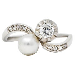 1920's Art Deco Diamond Pearl Platinum Toi Et Moi Bypass Ring