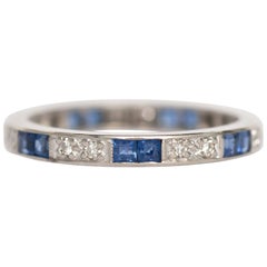 1920s Art Deco Diamond, Sapphire, 18 Karat White Gold Wedding Band 1920s Art Deco Diamond, Sapphire, 18 Karat White Gold Wedding Band