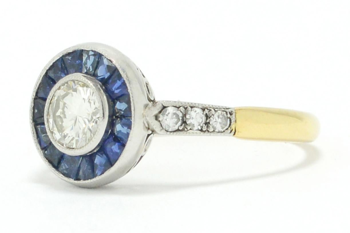Women's 1920's Art Deco Diamond Sapphire Target Engagement Ring Platinum & Yellow Gold