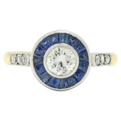 1920's Art Deco Diamond Sapphire Target Engagement Ring Platinum & Yellow Gold