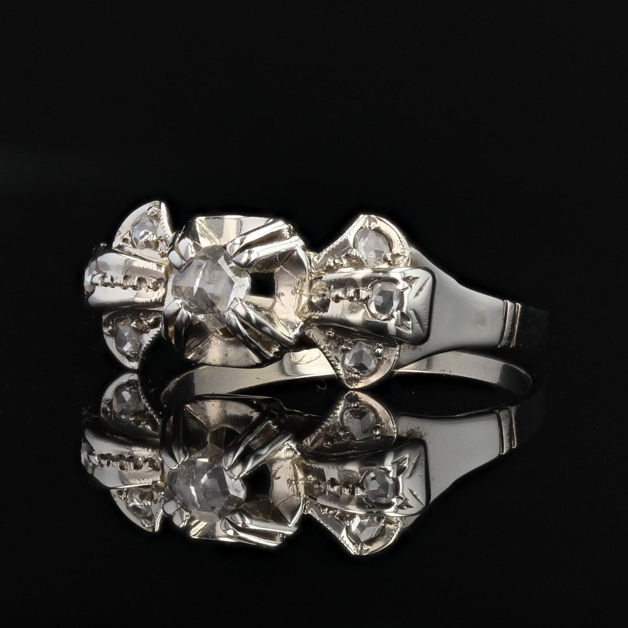 Rose Cut 1920s Art Deco Diamonds 18 Karat White Gold Bow Ring For Sale