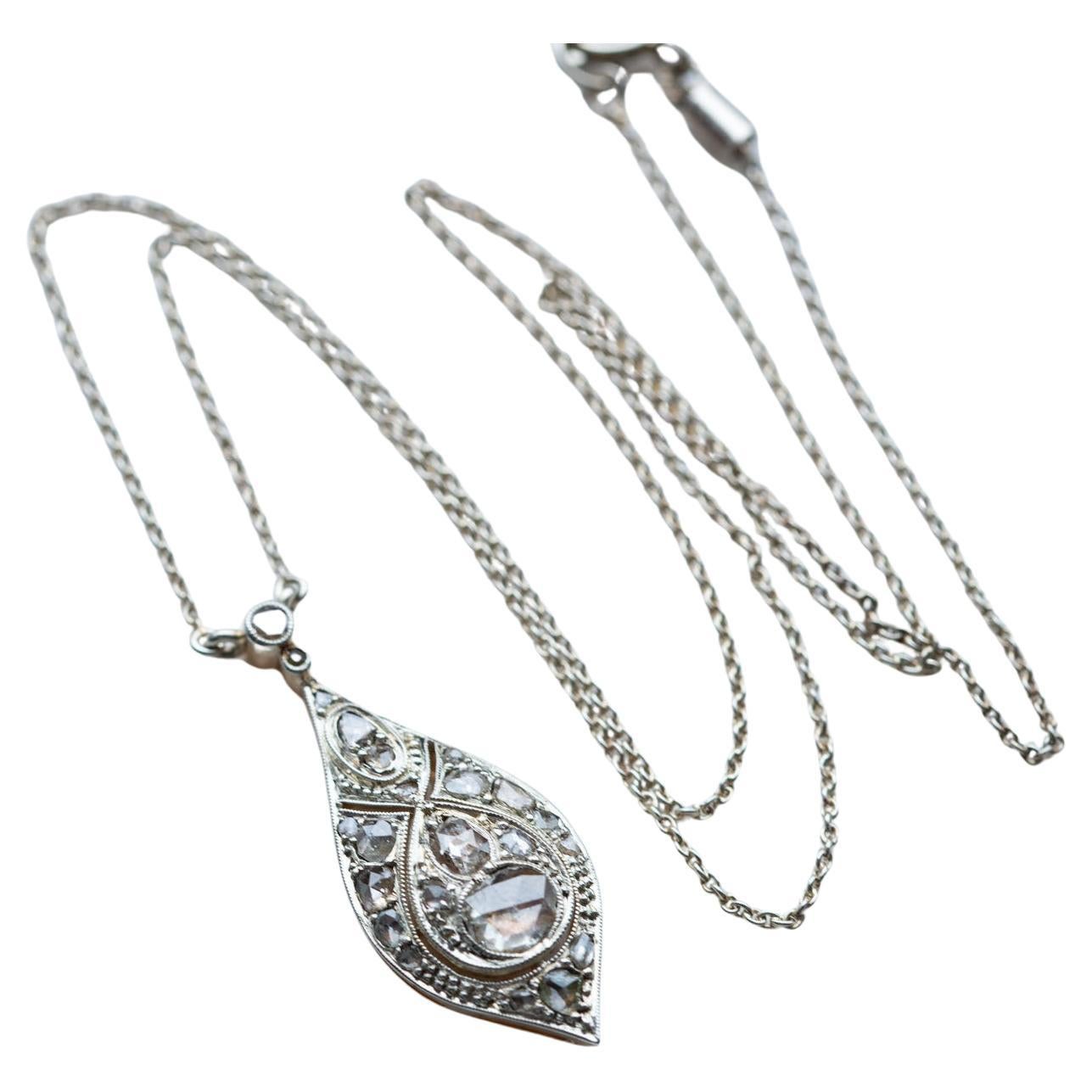 1920's Art Deco Dutch Antique Rosecut Diamond Necklace 14K Solid Gold For Sale
