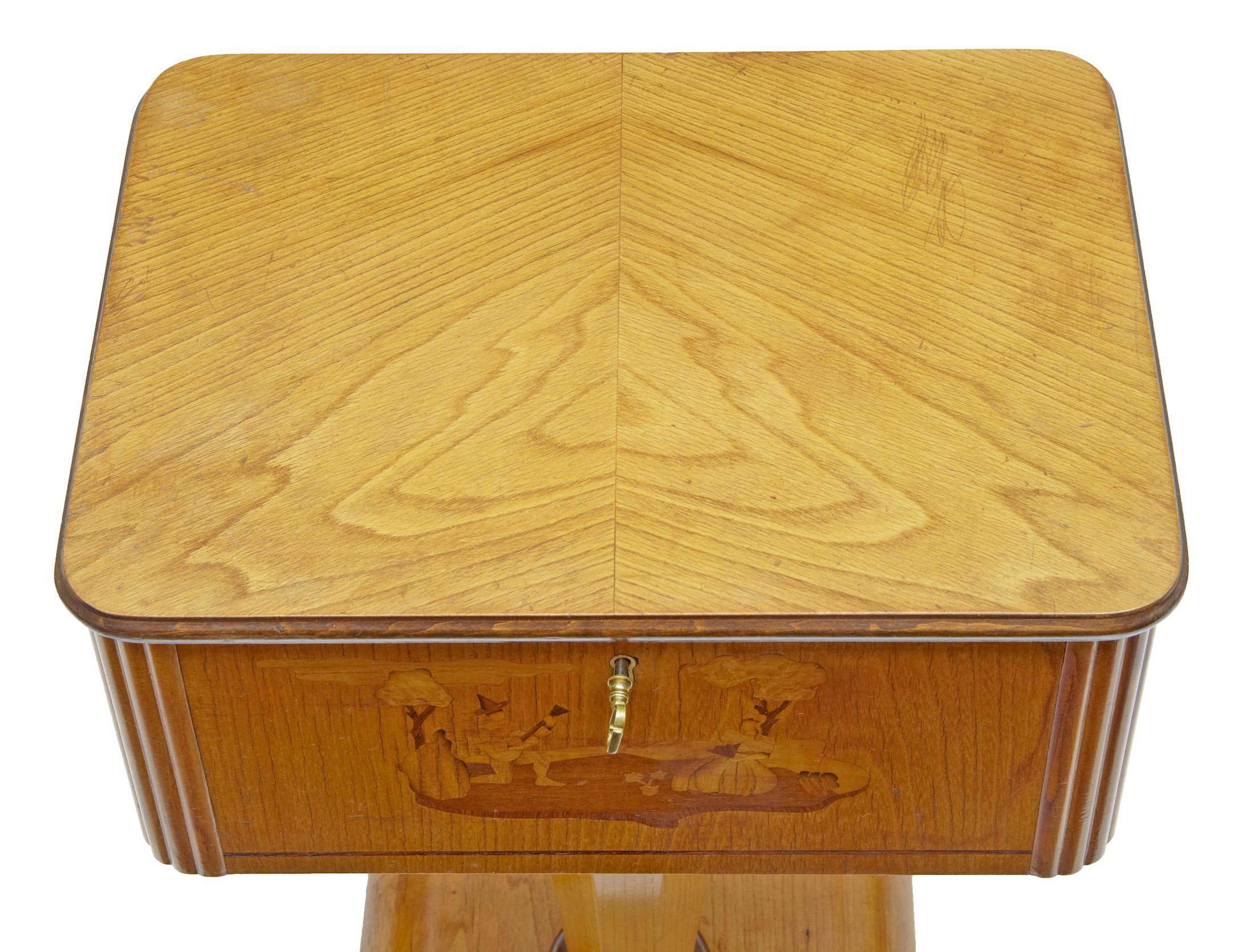 1920s Art Deco Elm and Birch Inlaid Work Table In Fair Condition In Debenham, Suffolk