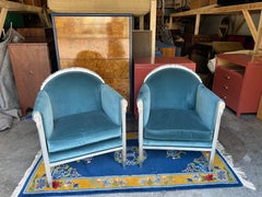 1920s Art Deco Era Silver Leaf and Blue Velvet Club Chairs
