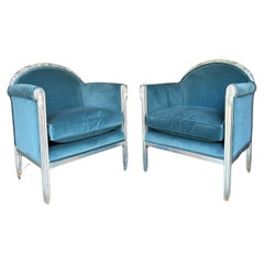 1920s Art Deco Era Silver Leaf and Blue Velvet Club Chairs