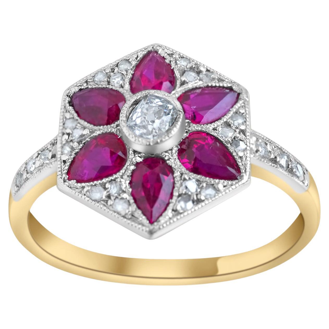 1920
s Art Deco FGA confirmed Pigeon Blood Ruby Old Mine Cut Diamond Daisy Ring For Sale