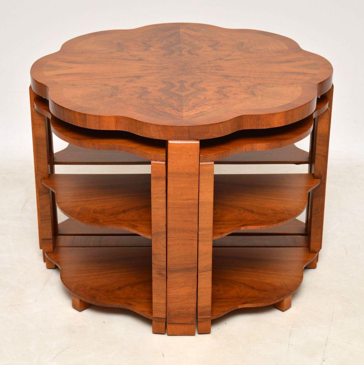 English 1920s Art Deco Figured Walnut Nesting Coffee Table