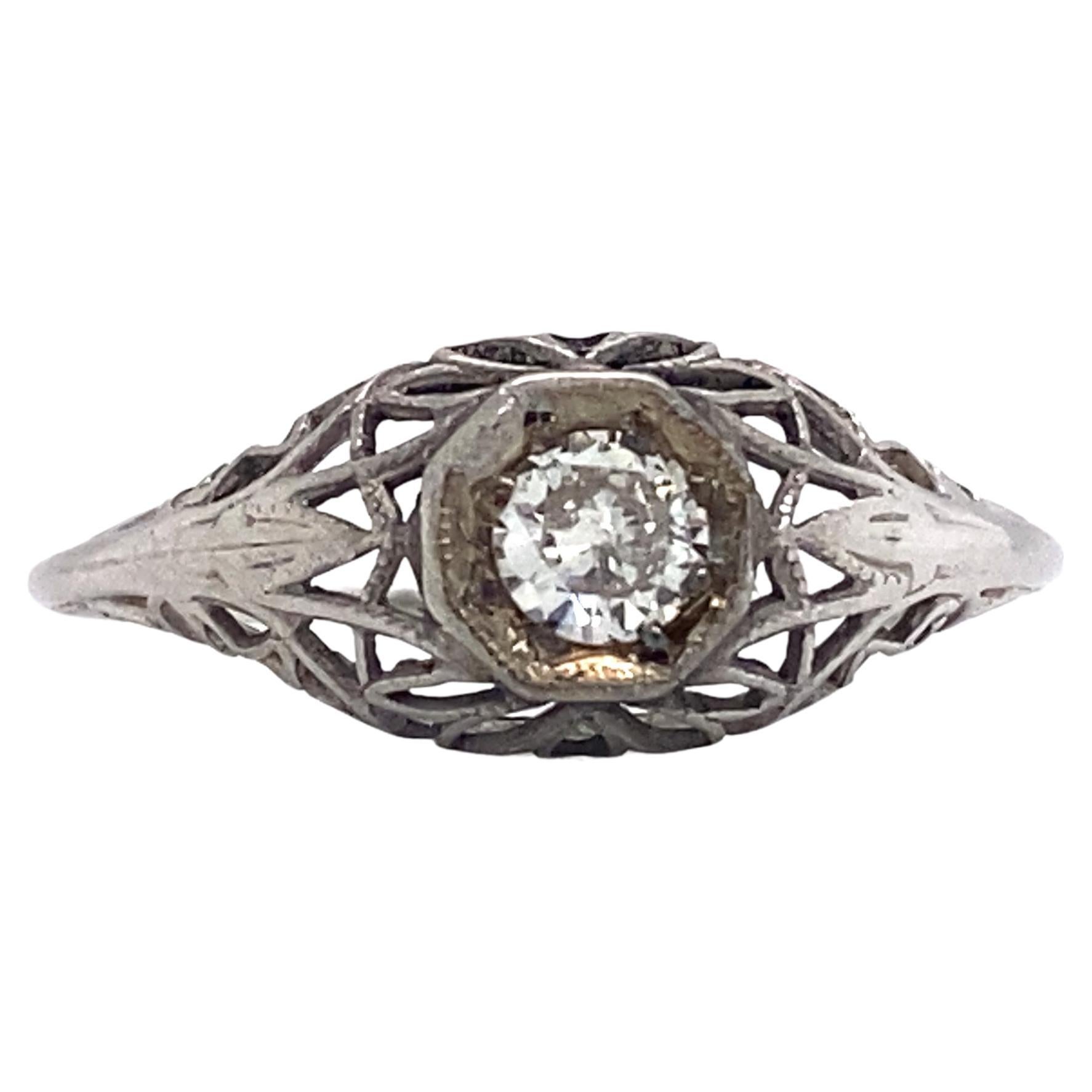 1920s Art Deco Filigree 0.65 Carat Diamond Engagement Ring, 14 Karat Gold