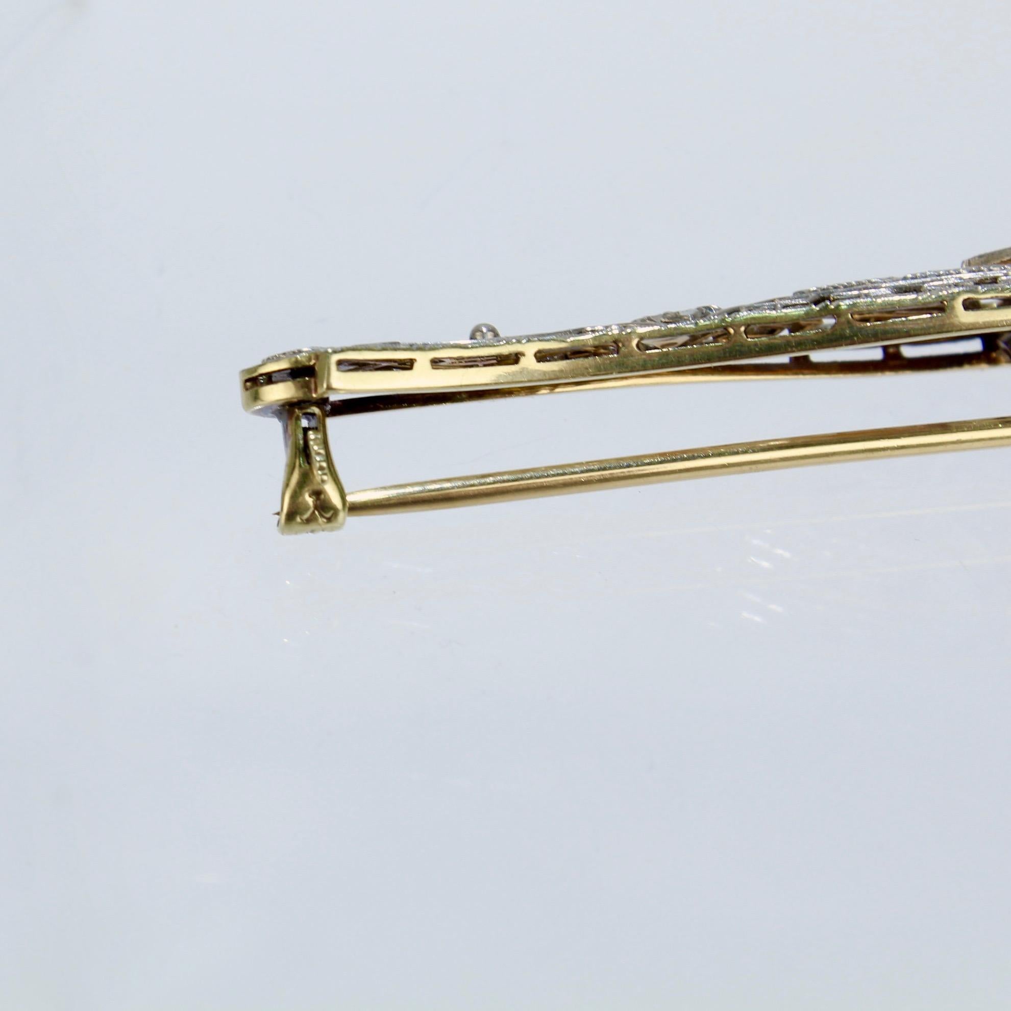 1920s Art Deco Filigree 14 Karat Gold and Diamond Bar Pin or Brooch 1