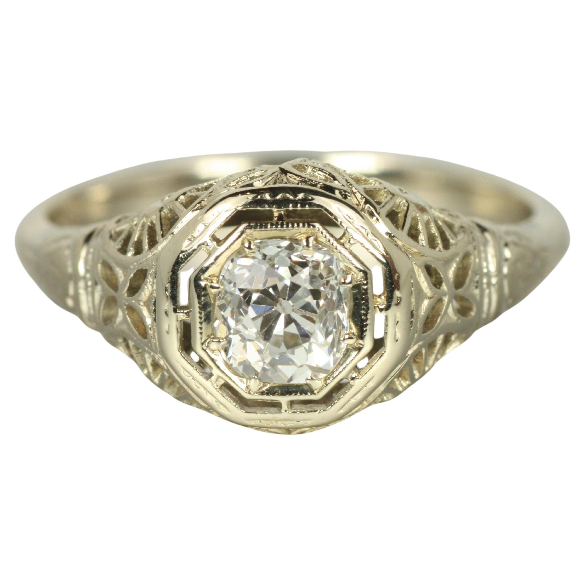 1920s Art Deco Filigree Engagement Ring with 0.55ct Old Mine Cut Diamond in 14K