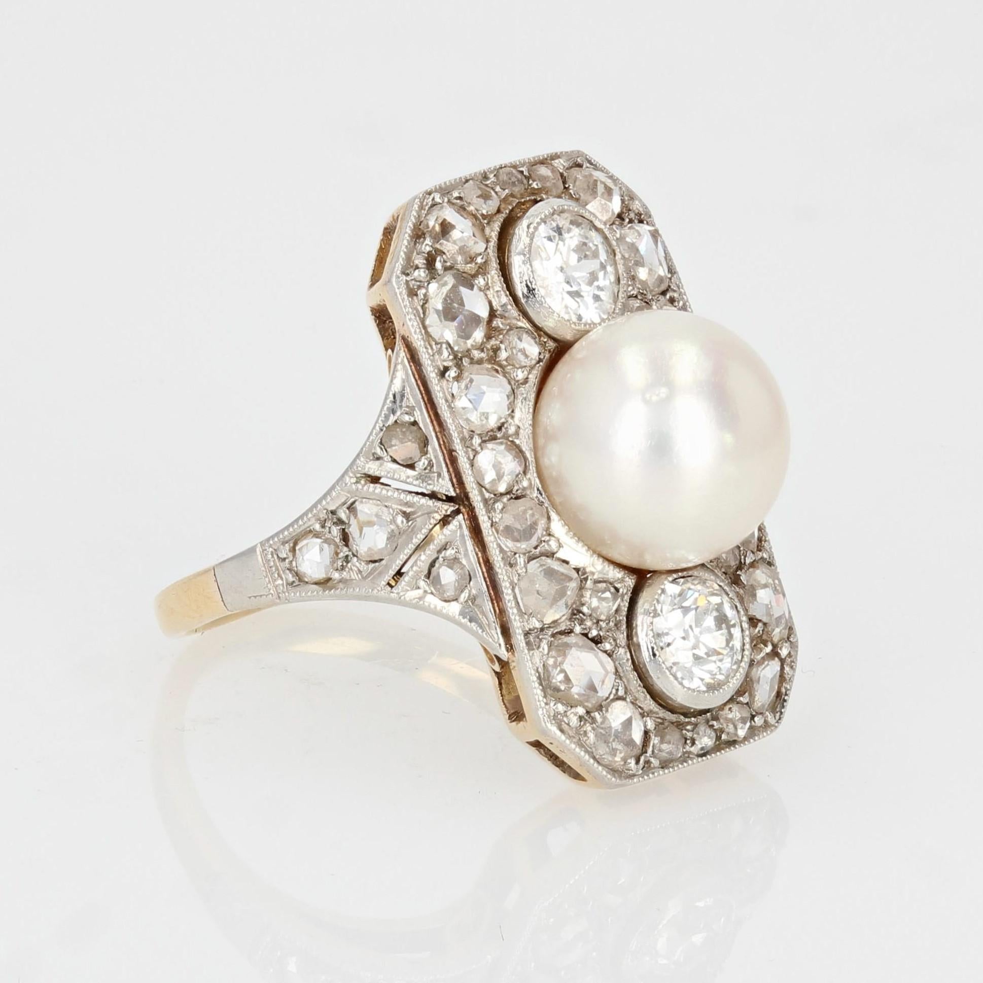 1920s Art Deco Fine Pearl Diamonds 18 Karat Yellow Gold Platinum Ring For Sale 4