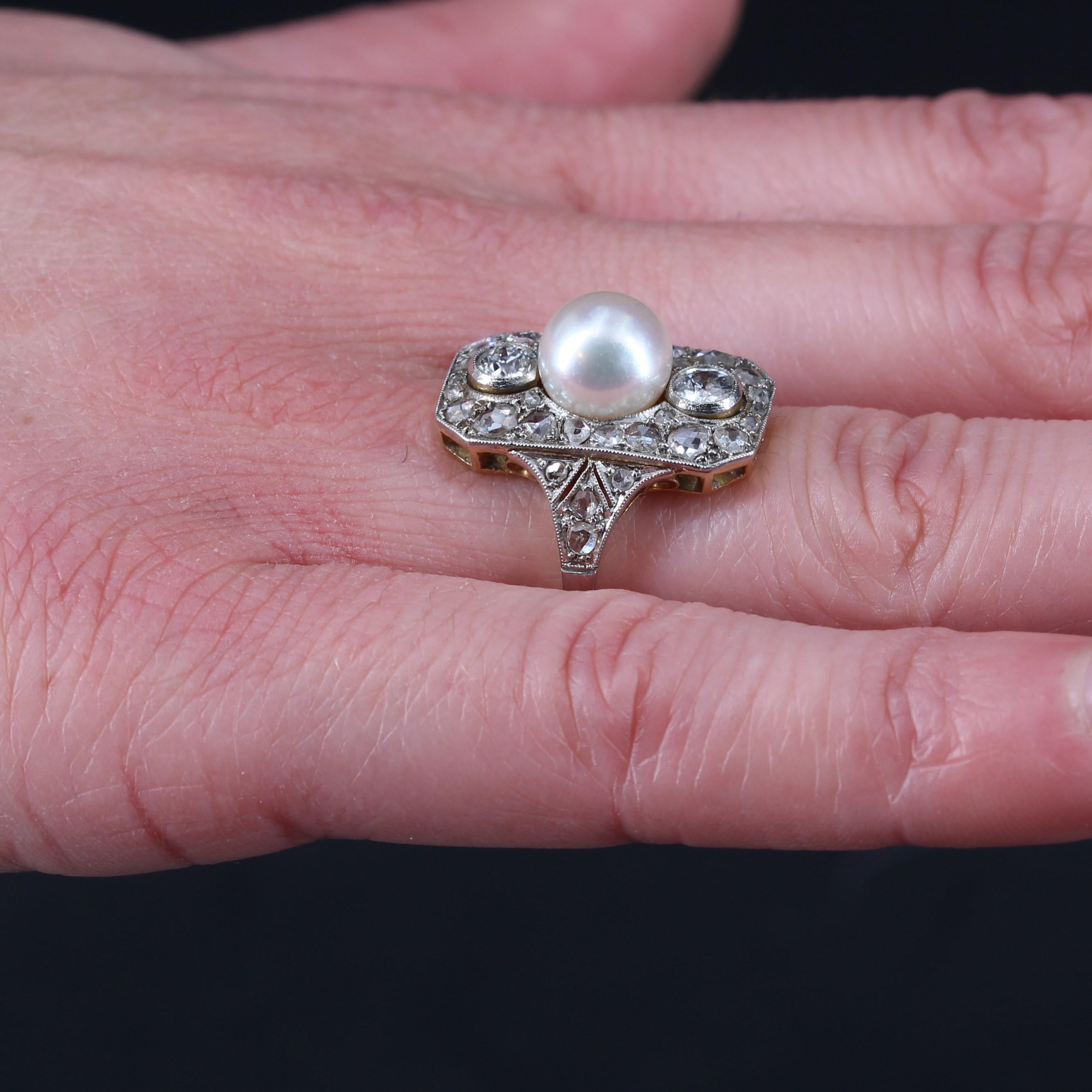 1920s Art Deco Fine Pearl Diamonds 18 Karat Yellow Gold Platinum Ring For Sale 5