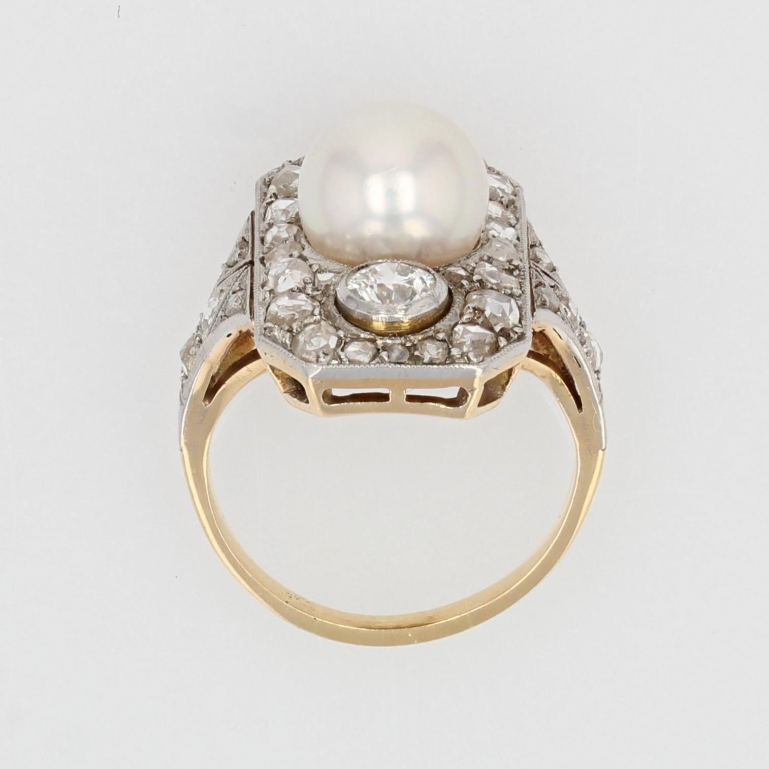 1920s Art Deco Fine Pearl Diamonds 18 Karat Yellow Gold Platinum Ring For Sale 7