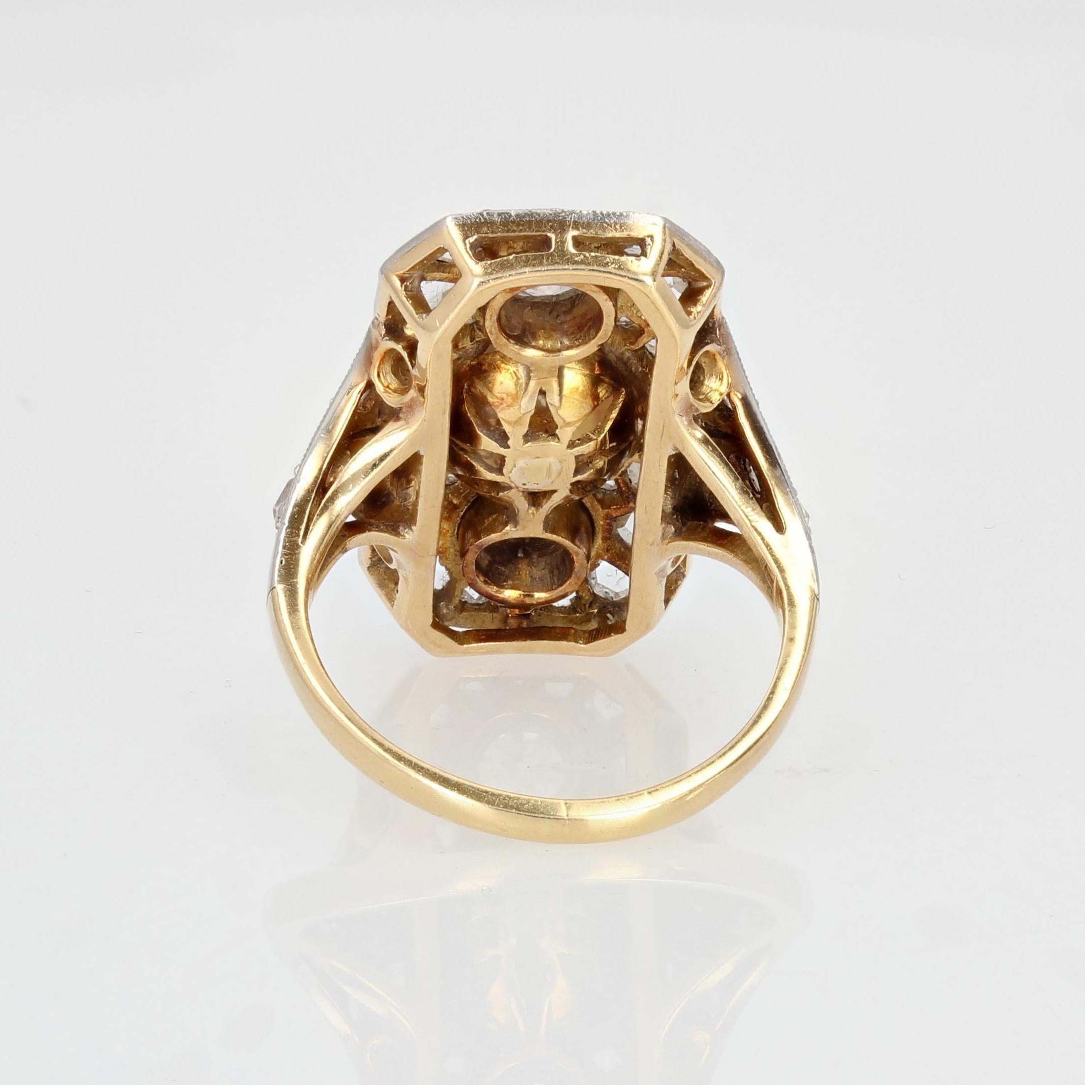 1920s Art Deco Fine Pearl Diamonds 18 Karat Yellow Gold Platinum Ring For Sale 8