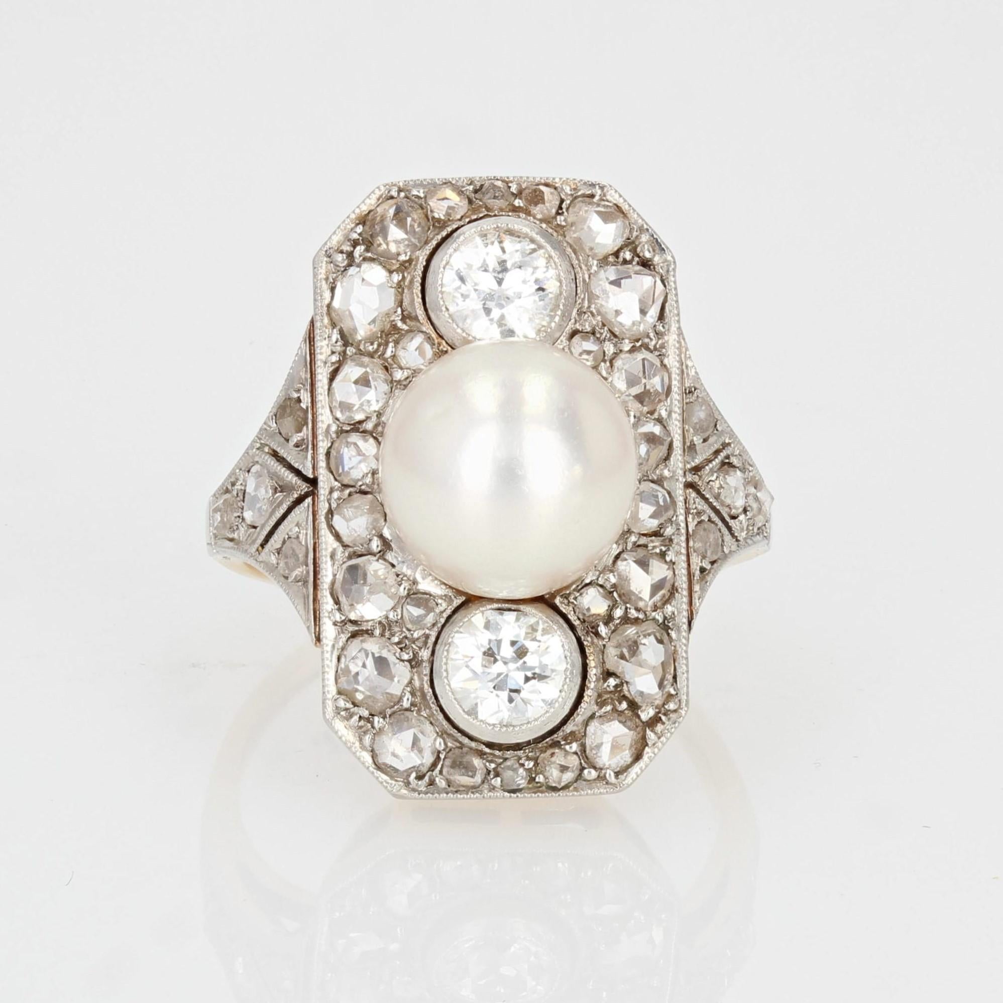1920s Art Deco Fine Pearl Diamonds 18 Karat Yellow Gold Platinum Ring For Sale 9