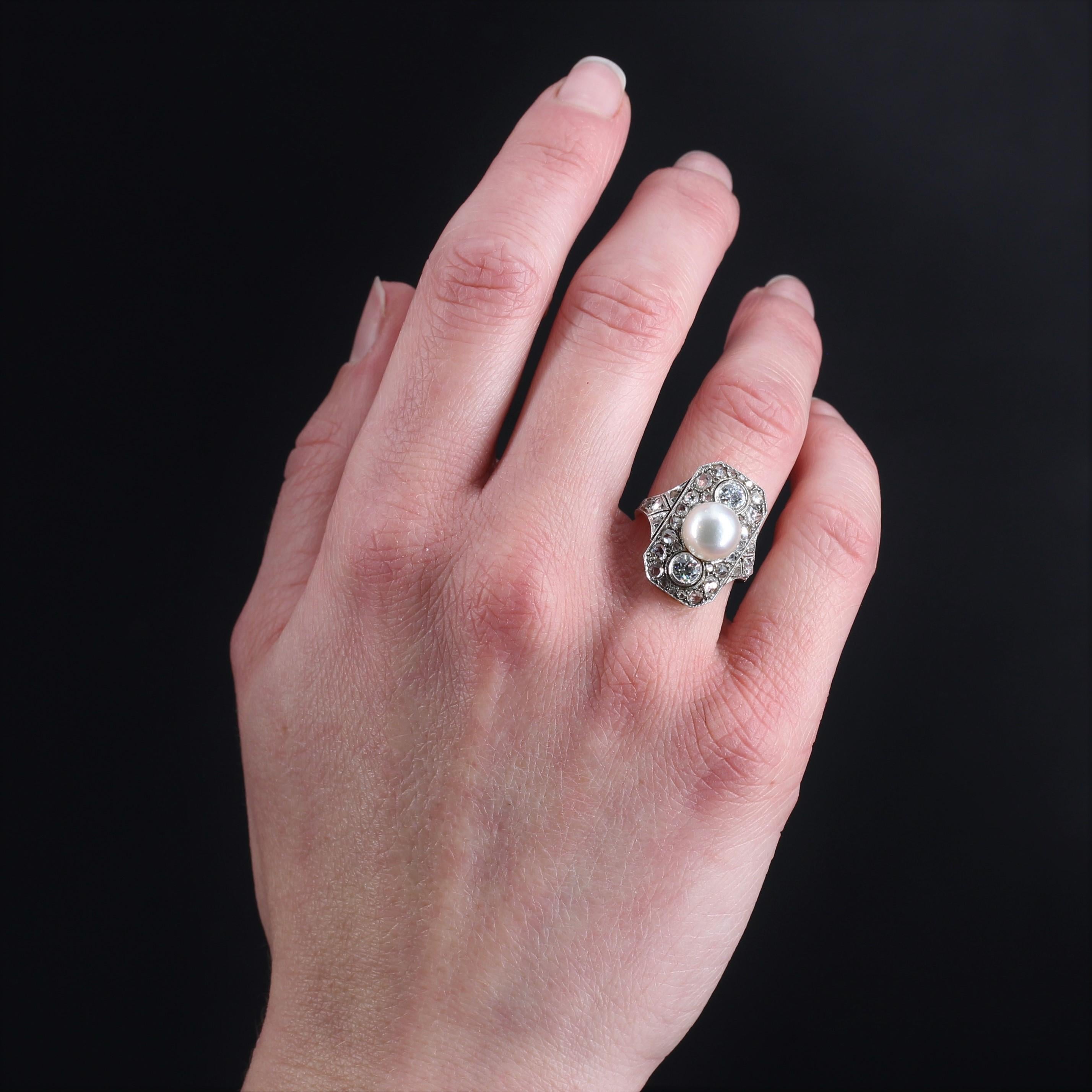 Bead 1920s Art Deco Fine Pearl Diamonds 18 Karat Yellow Gold Platinum Ring For Sale