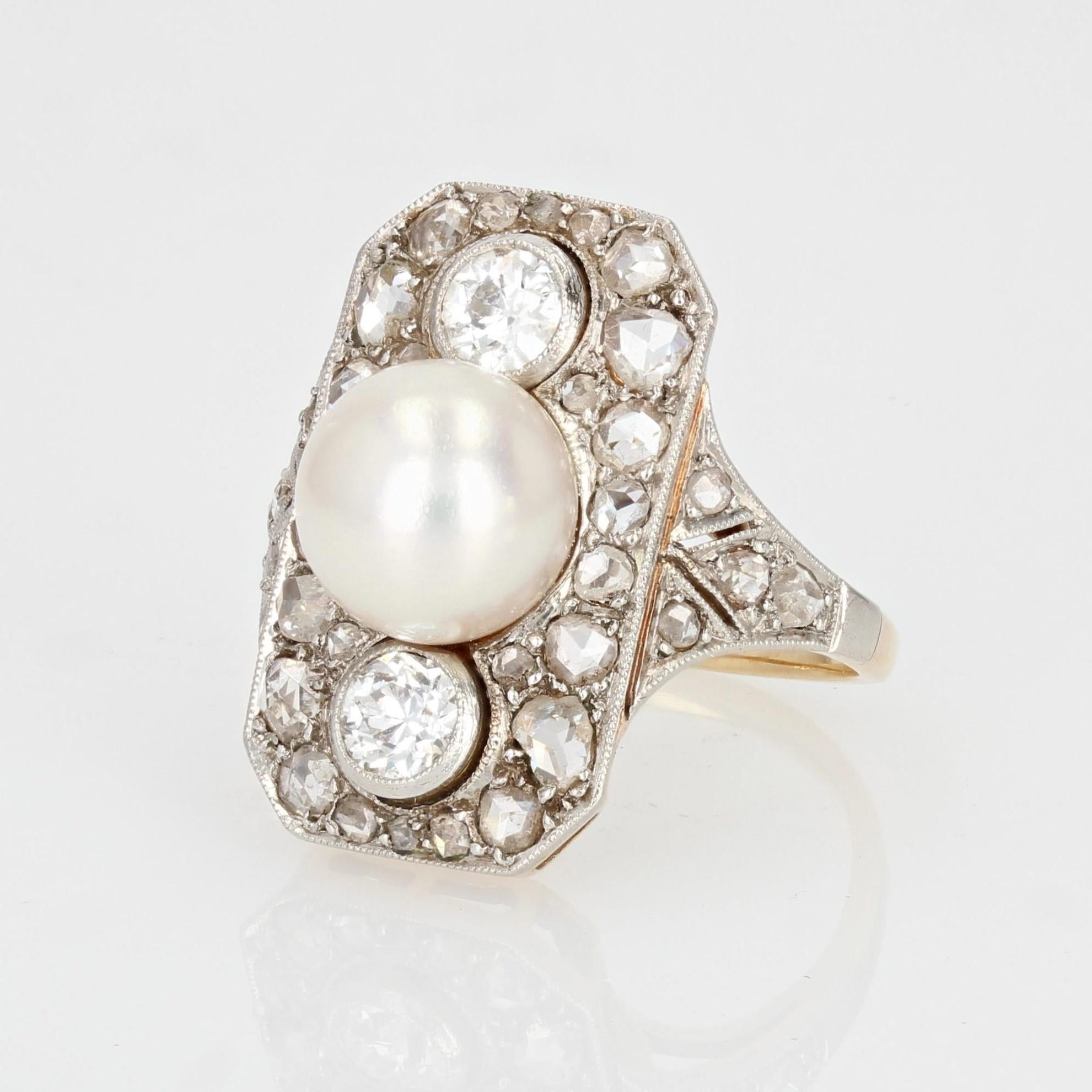 1920s Art Deco Fine Pearl Diamonds 18 Karat Yellow Gold Platinum Ring For Sale 1