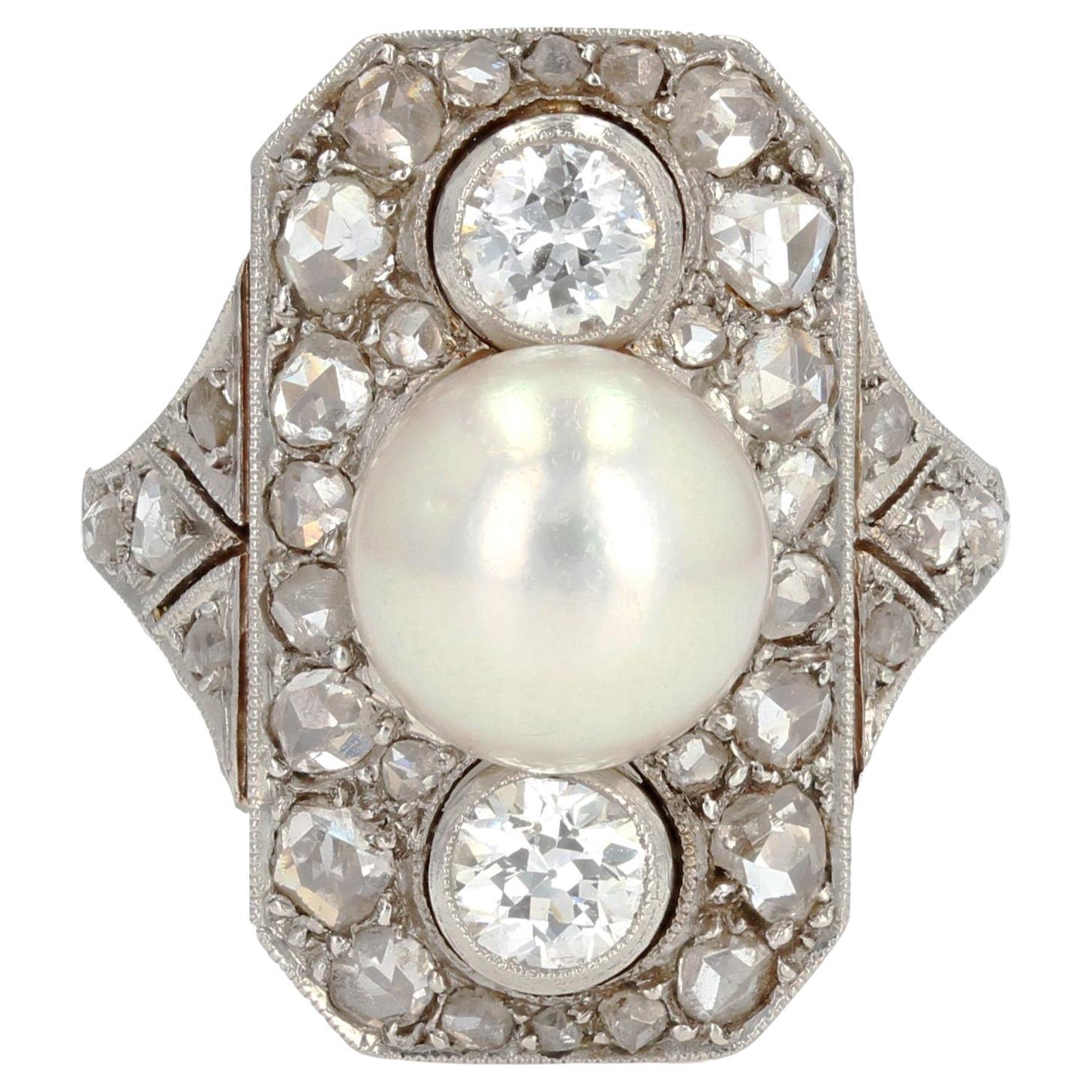 Bague Art déco en or jaune 18 carats et platine avec perles fines et diamants, années 1920