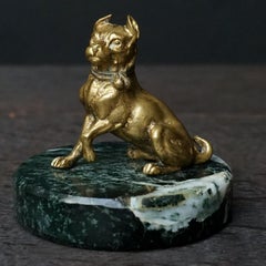 1920s Art Deco French Cast Brass Bullterrier Dog on Green Marble Paperweight
