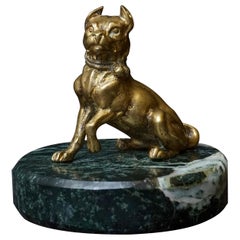 1920s Art Deco French Cast Brass Bullterrier Dog on Green Marble Paperweight