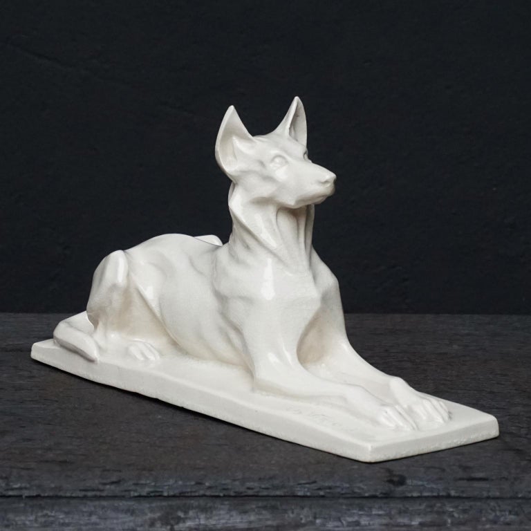 Glazed 1920s Art Deco French Ceramic Shepherd Dog Statue by Charles Louis Eugène Virion For Sale