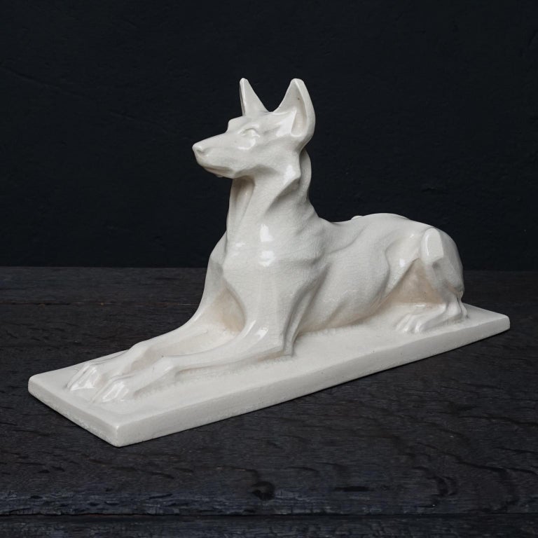 1920s Art Deco French Ceramic Shepherd Dog Statue by Charles Louis Eugène Virion In Good Condition For Sale In Haarlem, NL